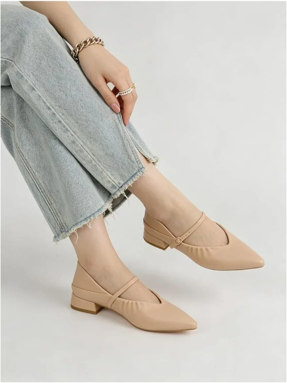 Women's Nude Mary Jane Pointed Toe Ballet Flats Foldable Office Dress Shoes
